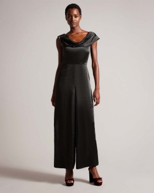 Ted Baker DOLYNN Draped Neck Szerokie Leg Jumpsuit Czarne | 96ZGWUMVL