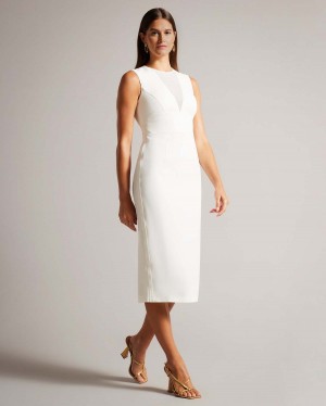 Ted Baker ELISSII Bodycon Midi Sukienki with Sheer Panelling Białe | 74CJWTDBK