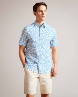 Ted Baker GLAIS Krótkie Sleeve Bawełniane Branded Geo Lt-Blue | 09CRNHEDO