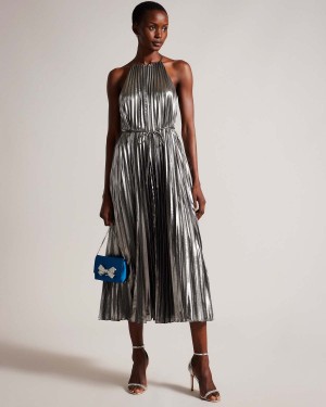 Ted Baker JUUDIIE Pofałdowany Halterneck Midi Sukienki Srebrne | 29XPTKEOA