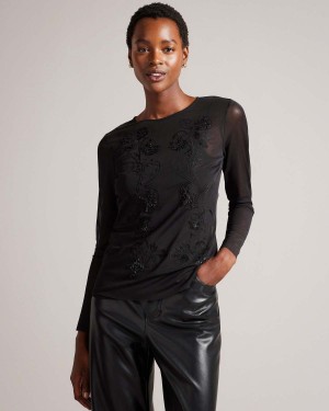 Ted Baker LARIZAA Embroidered Mesh Top with Printed Cami Czarne | 65SWMPRIL