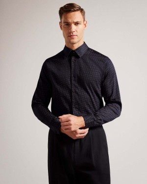 Ted Baker MATLOCK LS Moth Geo Print Shirt Granatowe | 14SGKILOD