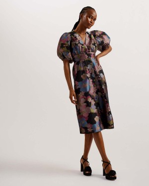Ted Baker MATSEA Button Front Jacquard Midi Sukienki Czarne | 04AEIGOKY