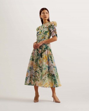 Ted Baker MINCIA Puff Sleeve Midi Sukienki Ivory | 87HLWMTQX