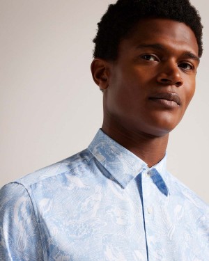Ted Baker MULLEN LS Hand Drawn Bird Print Shirt Lt-Blue | 81MRSXCOK