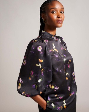 Ted Baker NIYCOLE High Neck Top with Balloon Sleeves Czarne | 71BQXORZK
