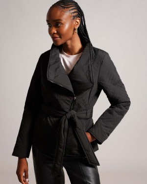 Ted Baker ROSEMIA Watowany Krótkie Wrap Coat Czarne | 42HMSAFDX