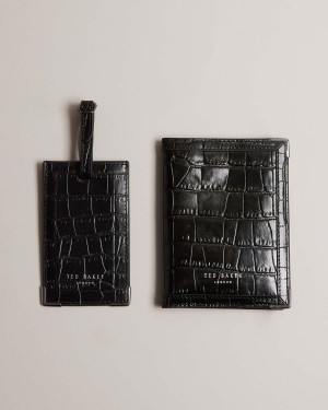 Ted Baker TOURE Croc Effect Luggage and Passport Travel Set Czarne | 19LDRPGCF