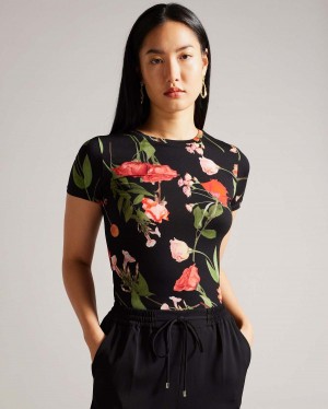 Ted Baker TREYYA Printed Fitted Tee Czarne | 52RCMTAFZ